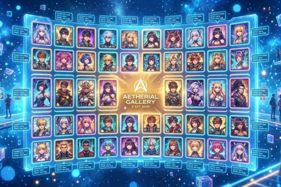 Danbooru anime art platform showing organized grid of illustrated character portraits with colorful metadata tags